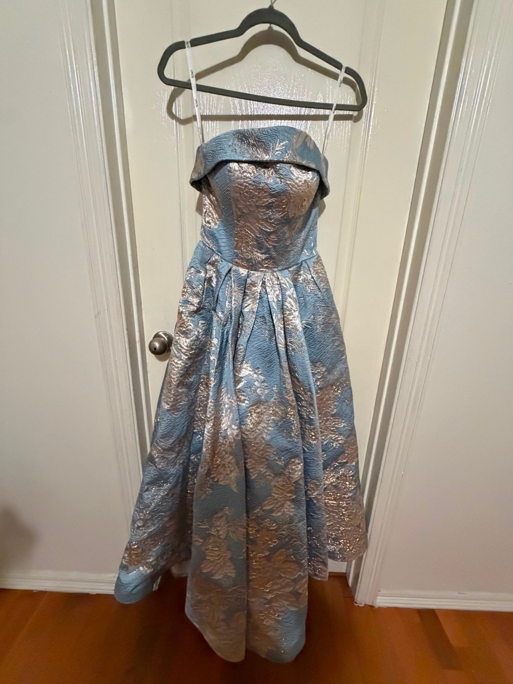 Mac Duggal Blue and Gold Floral Brocade Strapless A-Line Dress
